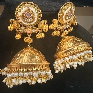 Pakistani Indian Desi Outfit Gold-Tone Pearl kashmiri Jhumka Earrings